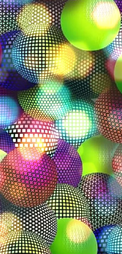 Mobile wallpaper with colorful geometric spheres in vibrant hues.