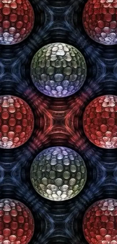 Colorful geometric spheres on black background forming an artistic pattern.