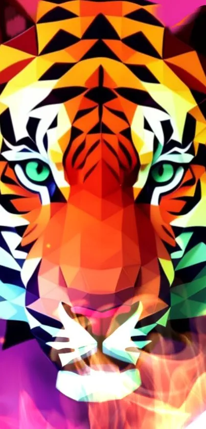 Abstract geometric tiger art with vibrant colors on a mobile wallpaper.