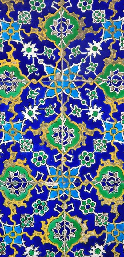 Intricate blue and green mosaic pattern wallpaper.