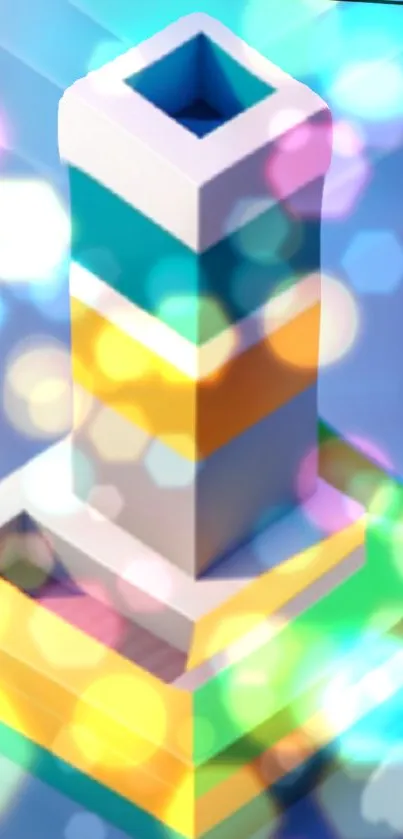 Colorful tower with geometric shapes and bokeh effects on a blue background.