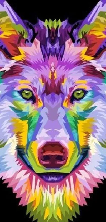 Vibrant geometric wolf illustration in a colorful artistic style on a dark background.