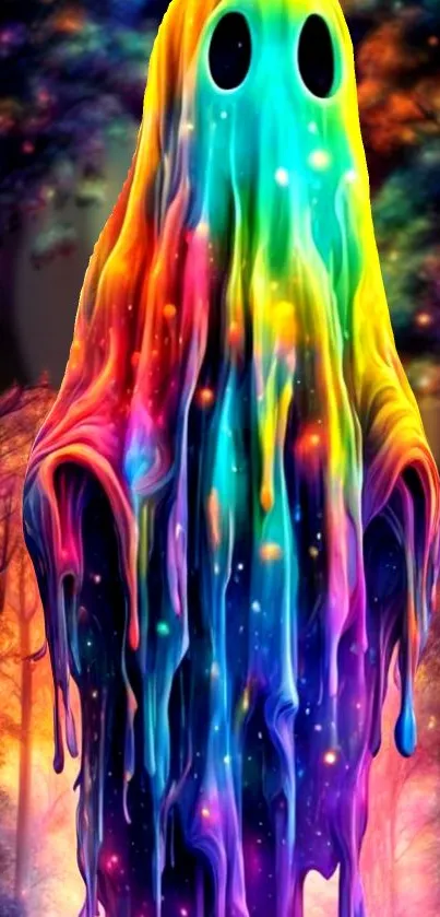 Colorful dripping ghost with psychedelic colors in a fantasy forest setting.