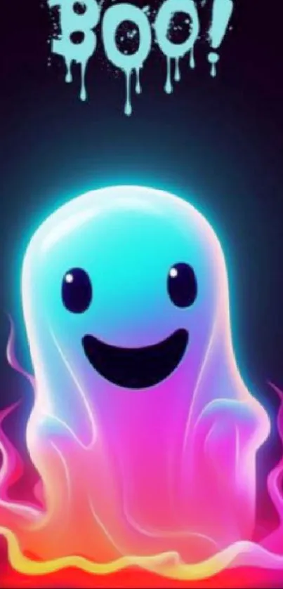 Colorful neon ghost illustration with playful expression.