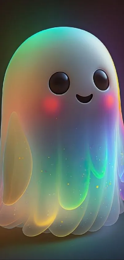 Colorful cartoon ghost with a rainbow glow on a dark background.