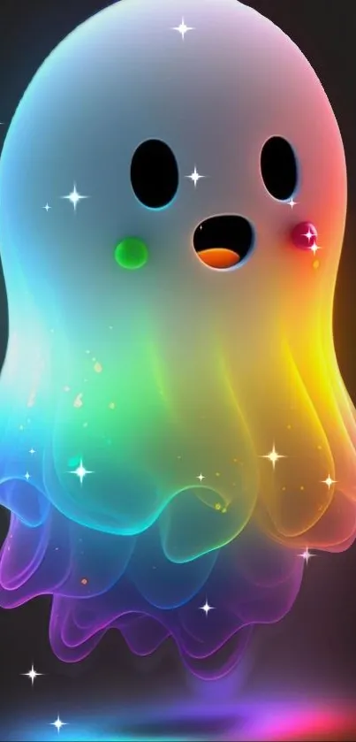 Colorful ghost mobile wallpaper with neon rainbow hues on dark background.