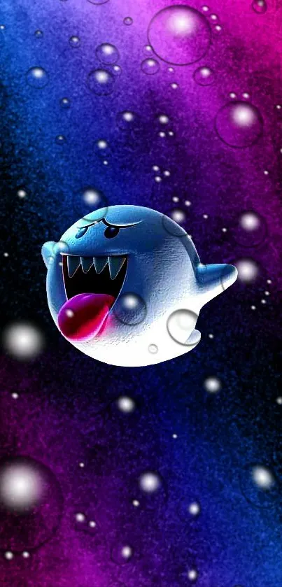 Playful ghost floating in colorful cosmic space wallpaper.