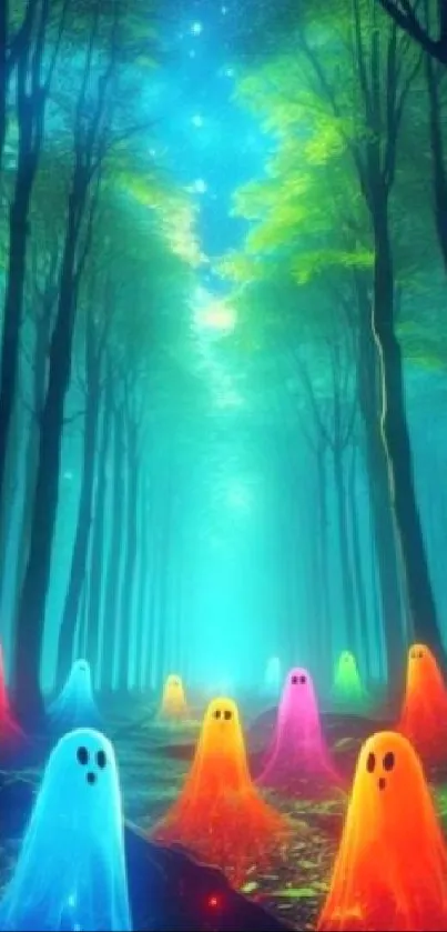 Colorful neon ghosts illuminate a mystical forest on this vibrant mobile wallpaper.