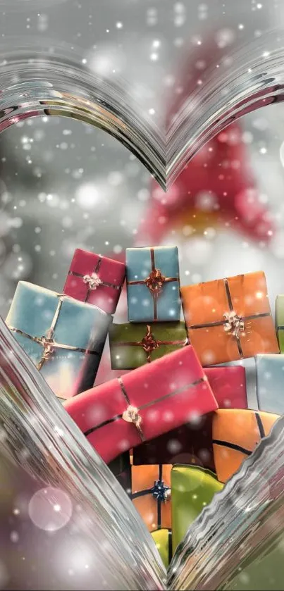 Colorful gift boxes in heart-shaped snow frame.