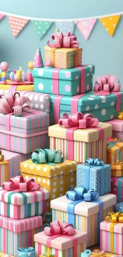 Colorful stacked gift boxes with ribbons