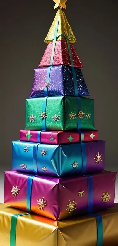Colorful stacked gift boxes with star designs.