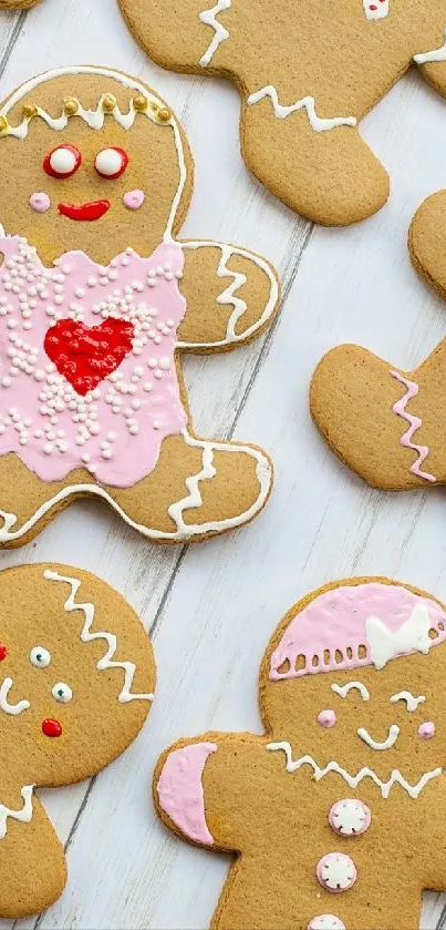 Colorful gingerbread cookies with icing on display.