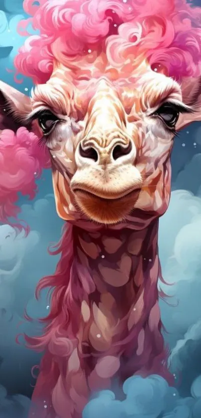 Giraffe with pink curls amid a cloudy blue sky.