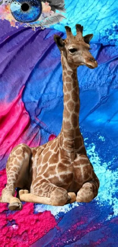 A giraffe sits on a colorful abstract background with blue and pink hues.