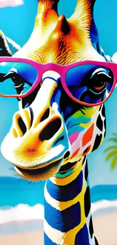Colorful giraffe wearing sunglasses on a tropical beach.