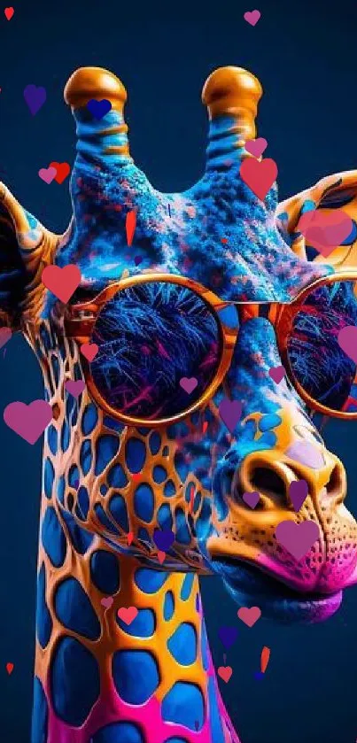 Colorful giraffe with sunglasses in artistic neon design.