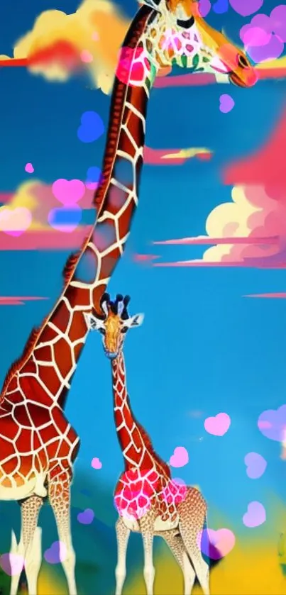 Colorful giraffes with hearts in dreamy sky wallpaper.