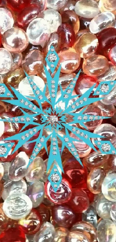 Colorful glass beads with a blue snowflake design mobile wallpaper.
