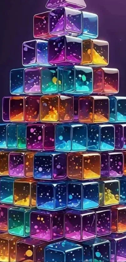 Colorful pyramid of stacked glass cubes with vibrant light reflections.