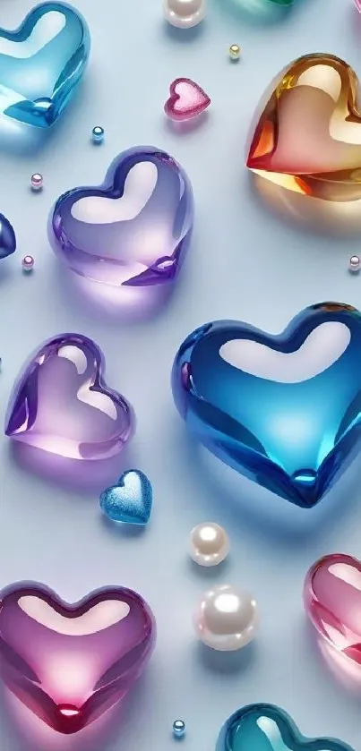 Colorful glass hearts on a sky blue background.