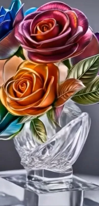 Colorful glass roses in a crystal vase.
