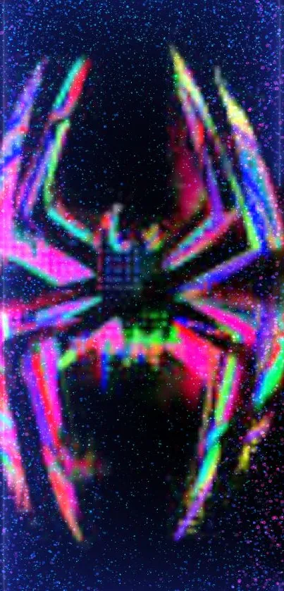 Vivid glitch spider design on black background.