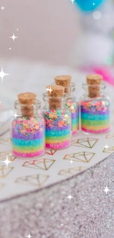 Colorful layered glitter bottles on sparkly surface.