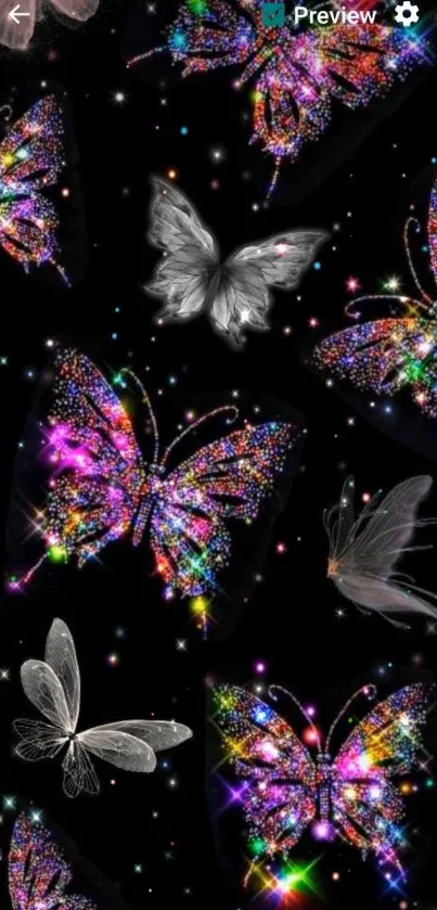 Colorful glitter butterflies on a dark background.