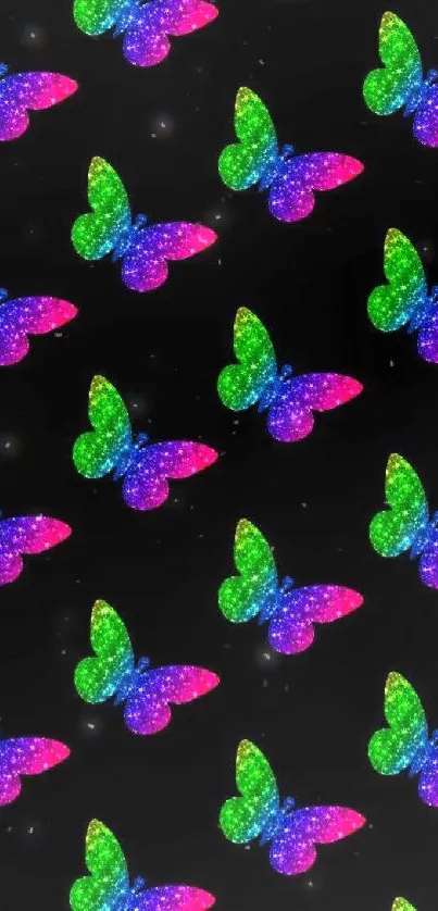 Vibrant glitter butterfly wallpaper with colorful wings on a black background.