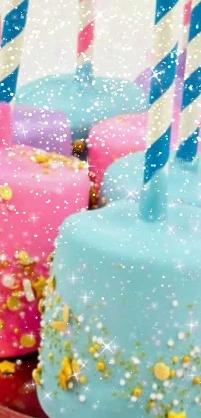 Colorful cake pops with glittery decoration.