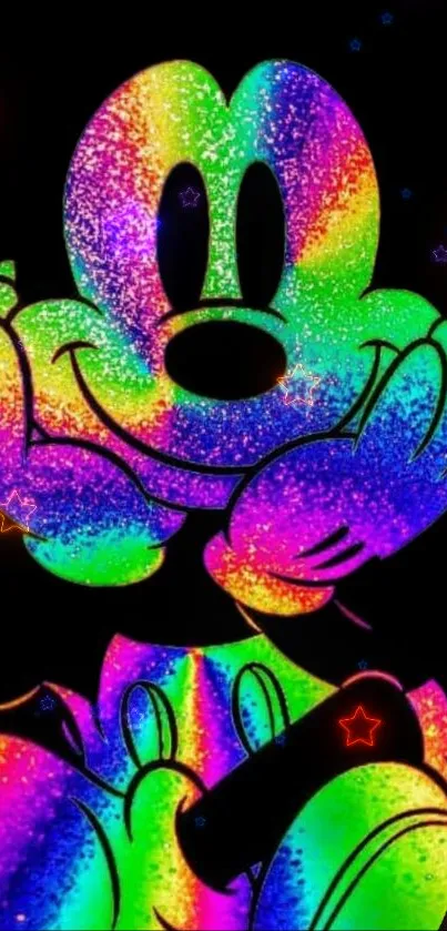 Rainbow glitter character art with stars on a black background.