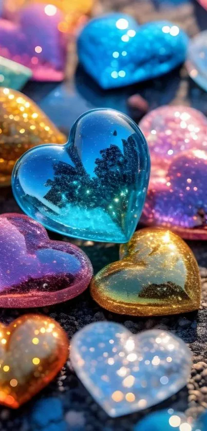 Colorful hearts with glitter on a textured background.