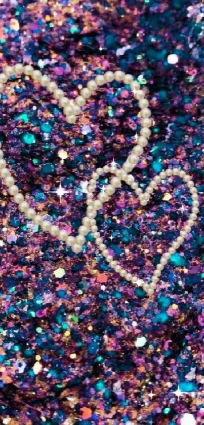 Colorful glitter wallpaper with heart outlines.