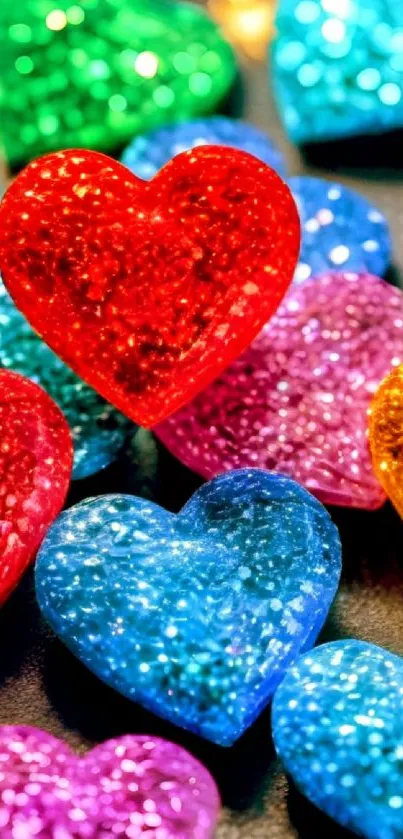 Colorful glitter hearts in vibrant colors on display.