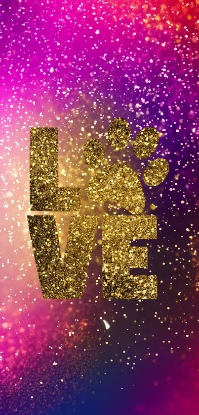 Colorful glitter love wallpaper with paw print and gold accents.