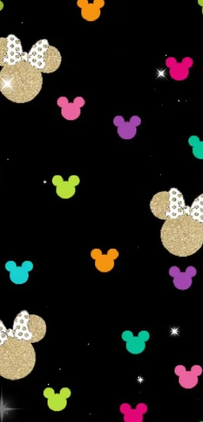 Black wallpaper featuring colorful and glittery mouse icons with bows.