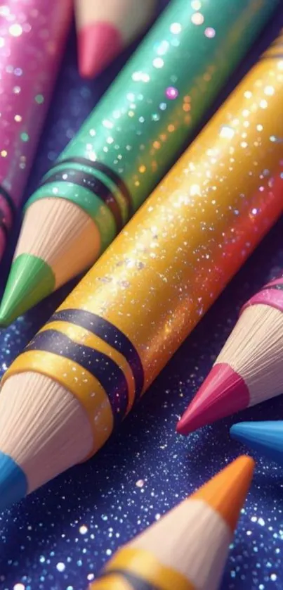 Colorful glittery pencils on a starry background.