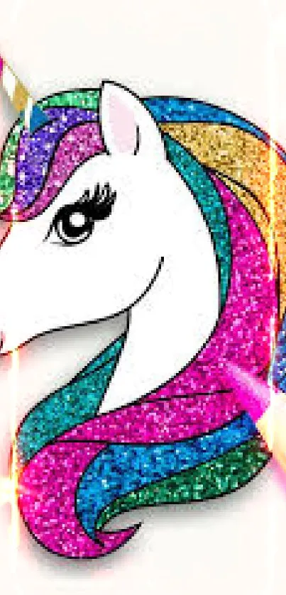 Colorful glitter unicorn with rainbow mane and pencil on white background.