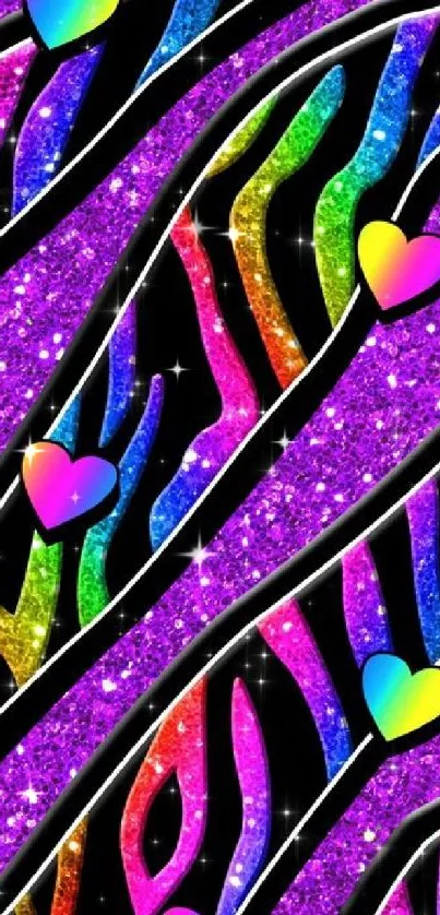 Colorful glitter zebra pattern wallpaper with hearts.