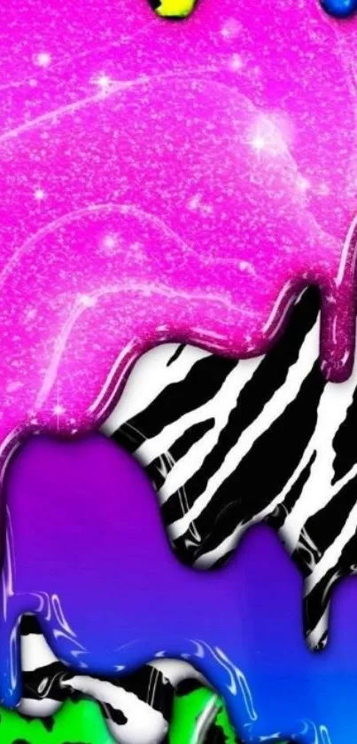 Pink, blue, and green glitter zebra wallpaper design.