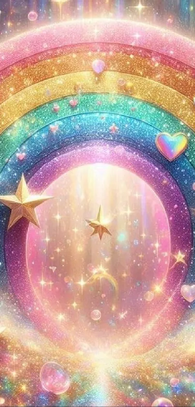 Colorful glittering rainbow with stars and hearts in vibrant artwork.