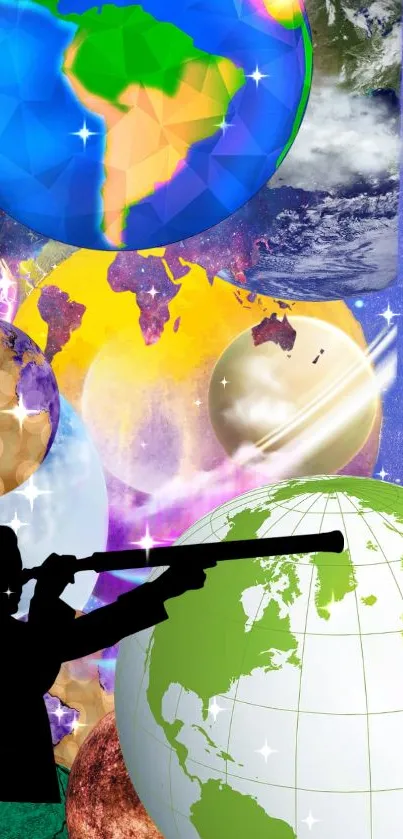 Colorful wallpaper with globes and astronomer silhouette.