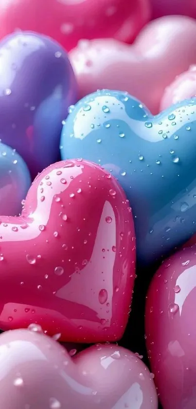 Colorful glossy heart shapes with water droplets.