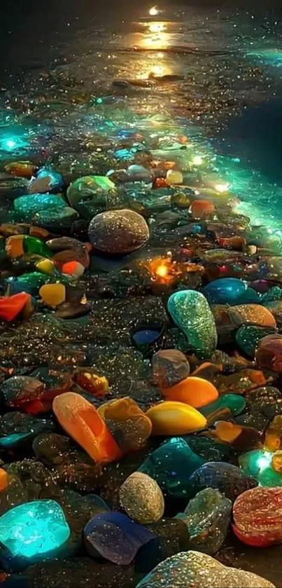 Enchanting glowing beach pebbles beneath a starry sky.