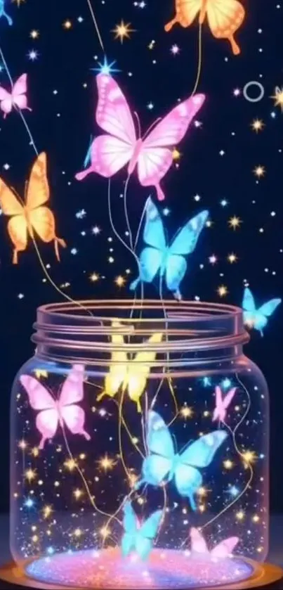 Colorful butterflies glowing as they escape from a jar into the night sky.