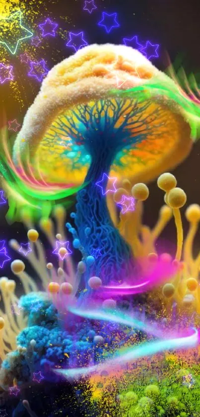 Colorful neon mushroom with vibrant abstract design in glowing hues.