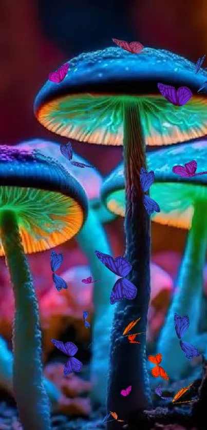 Neon glowing mushrooms in a colorful forest setting.