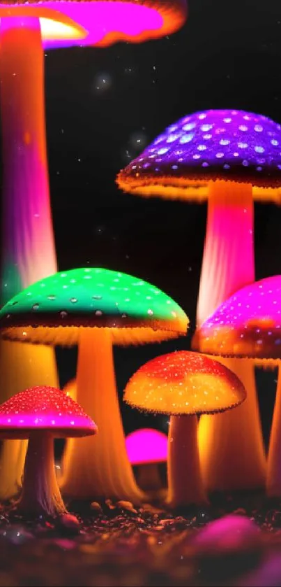 Colorful glowing mushrooms in a dark forest setting.