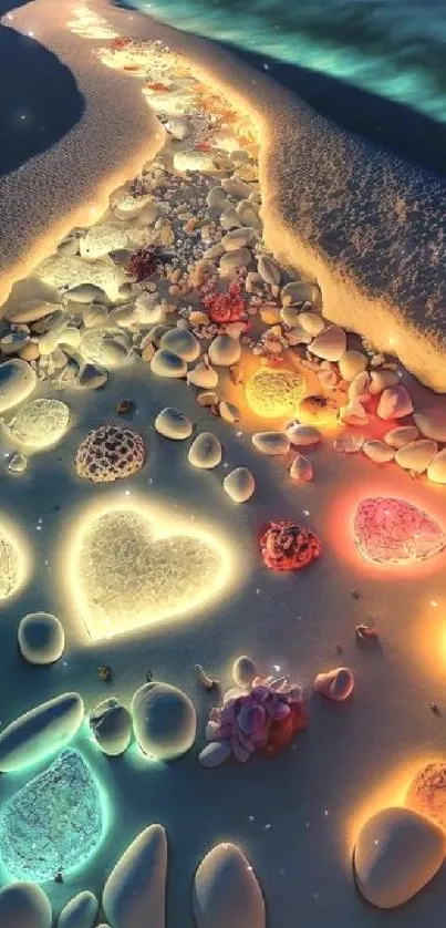 Vibrant beach with colorful glowing pebbles at night.