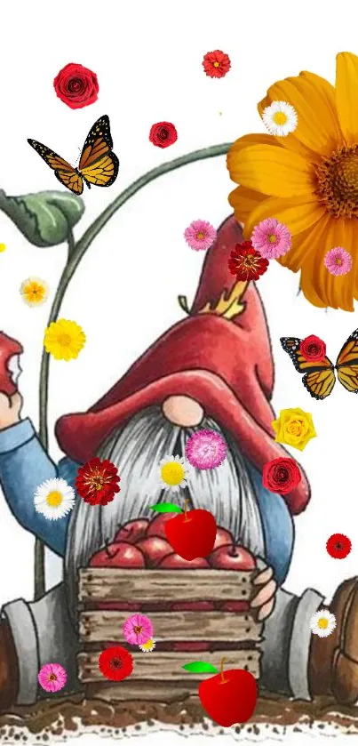 Whimsical gnome with apples, surrounded by colorful flowers and butterflies.